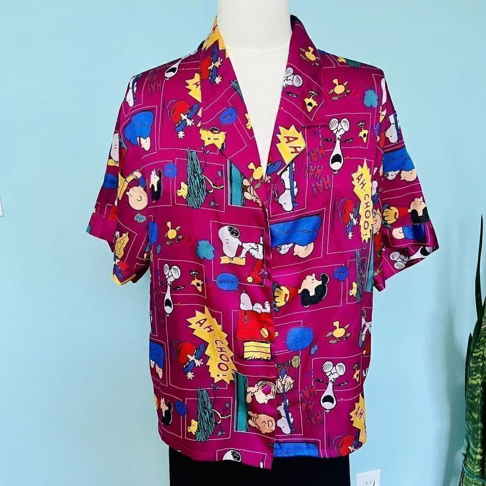 Peanuts Snoopy Charlie Brown LARGE Button Dowon Blouse Sleepwear Top Shirt 0674